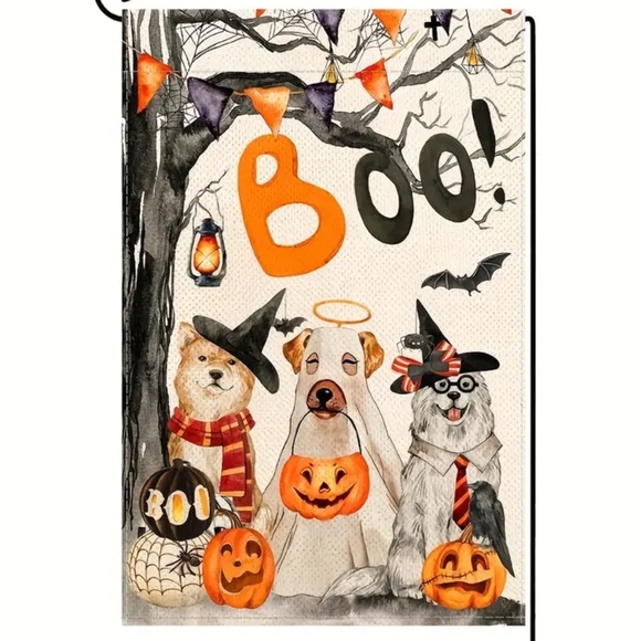 NIP Boo Pumpkin Dog Halloween Garden Flag 12×18 Double Sided Burlap Flag - Picture 1 of 5